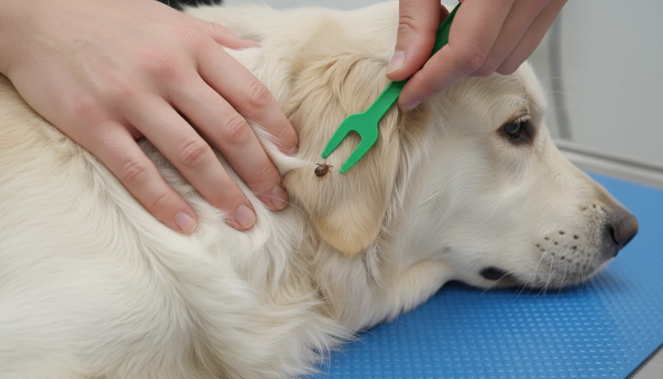 A person's hands part a dog's fur, revealing a dark tick. One hand holds a tick remover tool poised to extract it.