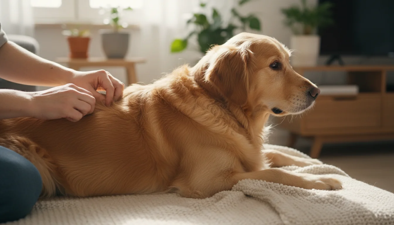 A person's hands gently part a golden retriever's fur on its back, closely inspecting the skin. The dog lies calmly and trusts.