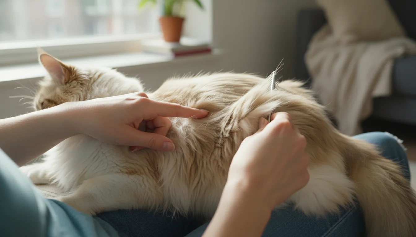 A person's hands gently part the long, soft fur on a relaxed cat's flank, checking for mats or skin issues in an apartment.
