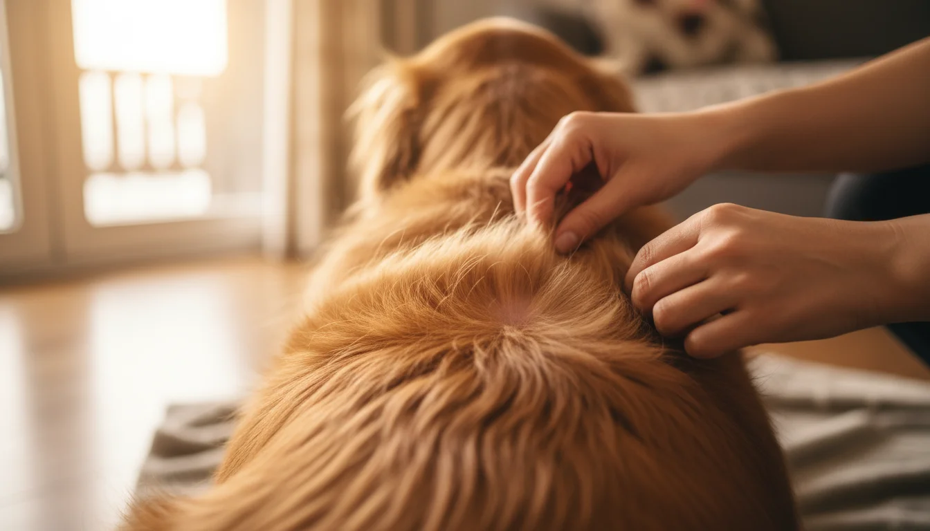 A person's hands gently part the shiny, healthy fur on a golden retriever's back, revealing clear, supple skin underneath.