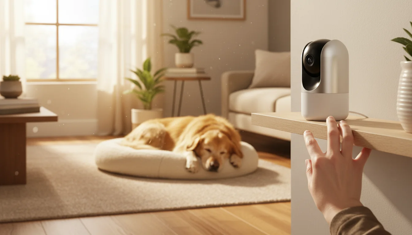 A person's hands position a pet camera on a shelf, aiming towards a comfortable golden retriever napping on a dog bed in a sunlit living room.