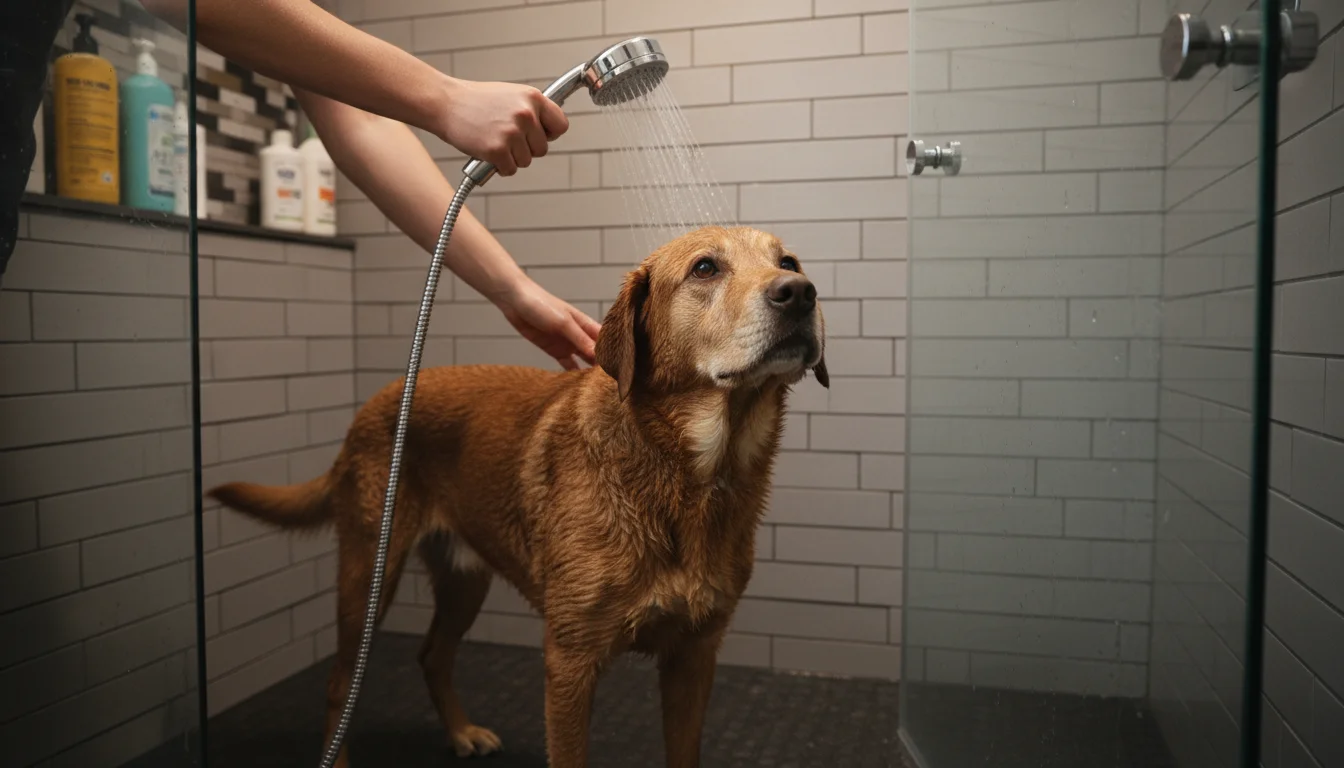 A person's hands gently rinse the back of a calm, wet brown dog in a shower. Water streams down the dog's glistening fur.