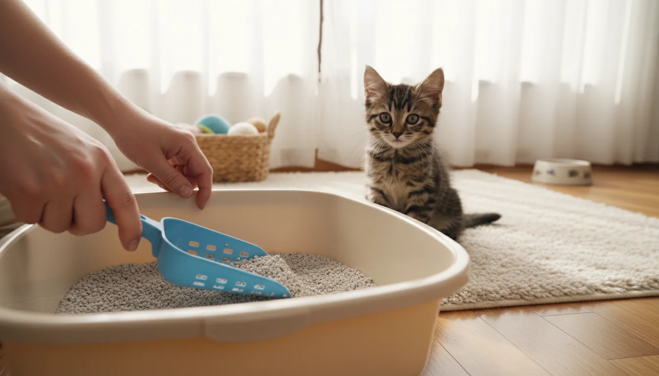 A person's hands gently scoop a low-sided litter box as an 8-week-old fluffy tabby kitten watches nearby from the floor.