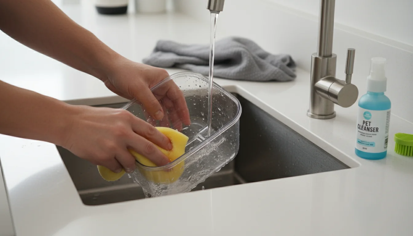 Person's hands carefully scrub an automatic pet feeder's plastic food container under a kitchen faucet with a sponge.