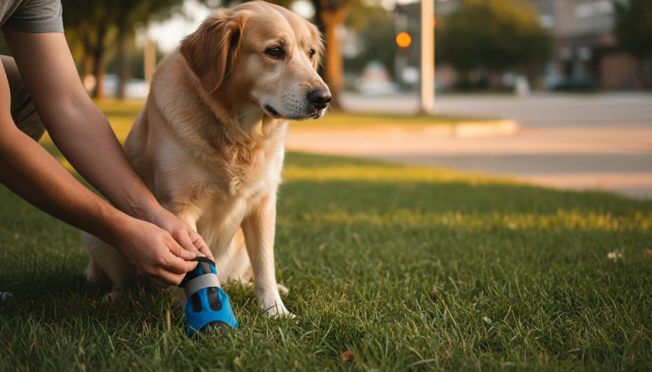 A person's hands gently secure a blue paw bootie onto a golden retriever mix's front paw while the dog sits patiently on grass.