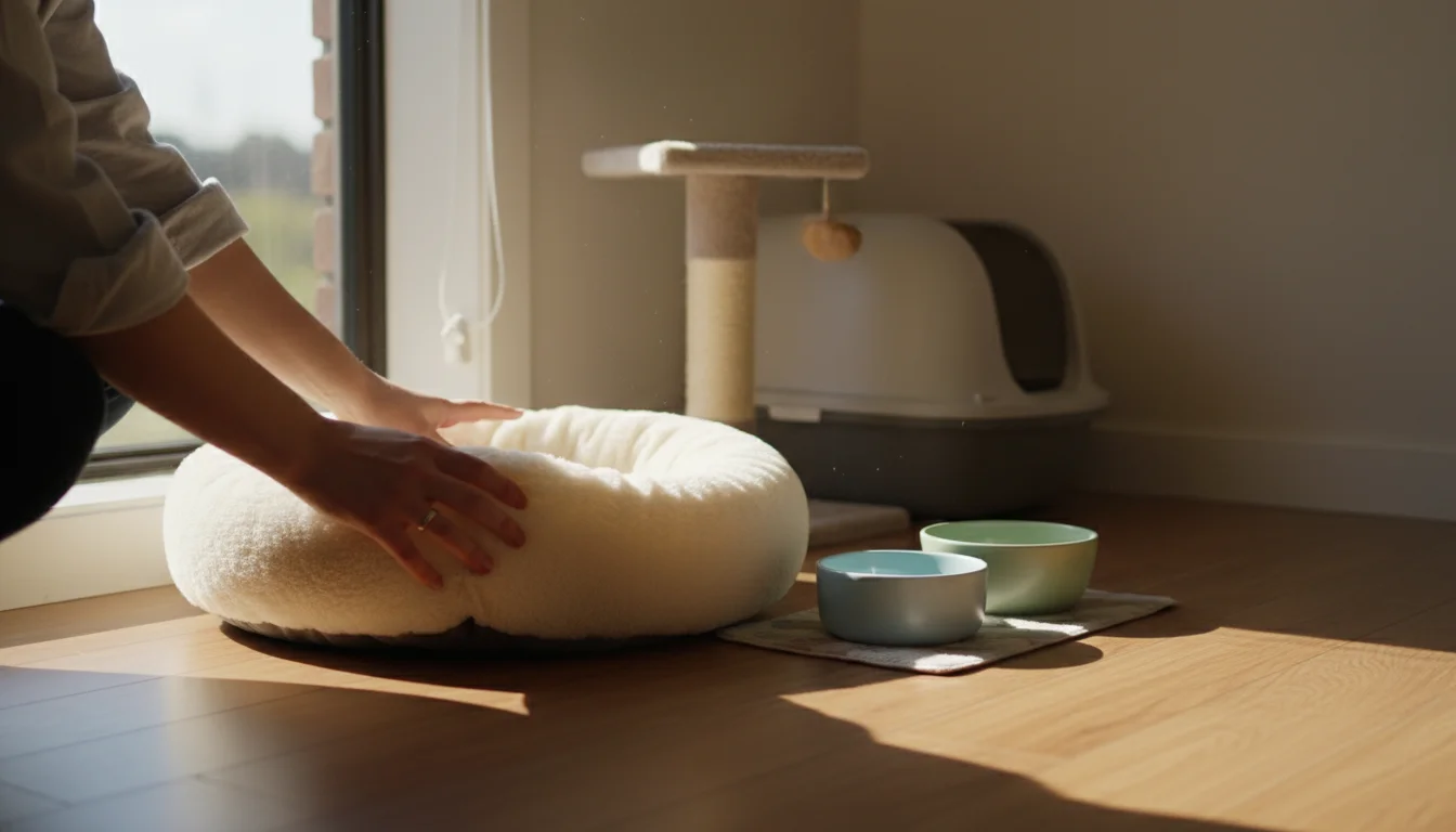 A person's hands carefully set up a new cat bed, food bowls, and a litter box in a quiet, sunlit room.