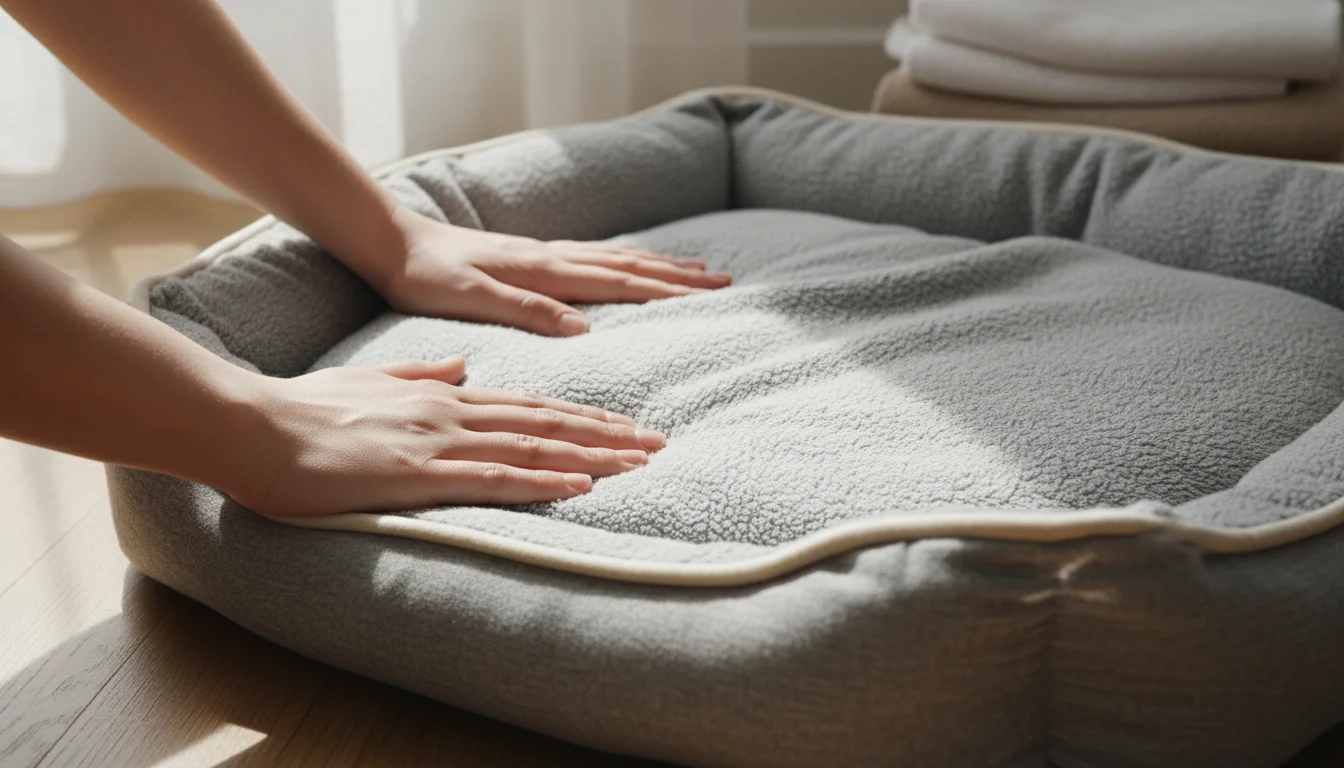 A person's hands gently smooth a freshly washed, plush pet bed, showcasing its clean fabric and durable stitching in soft natural light.