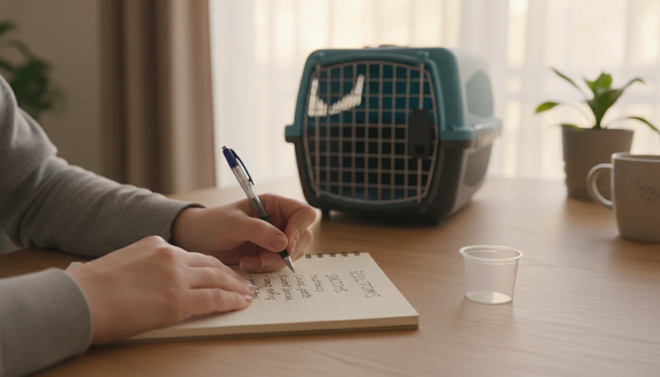 A person's hands writing pet symptoms in a notebook, with a sample cup and a pet carrier in the background.
