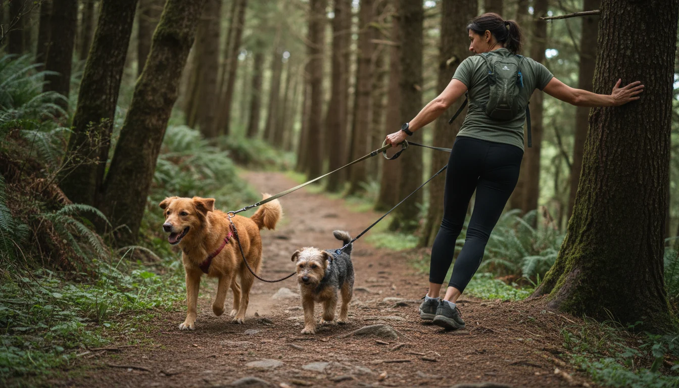 A person hikes on a forest trail, managing two leashed dogs, one pulling ahead and the other trotting calmly beside them.