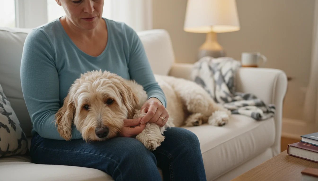 A person gently holds a calm, medium-sized dog's paw while sitting on a sofa. Their thumb parts the fur around the dog's nails for inspection.