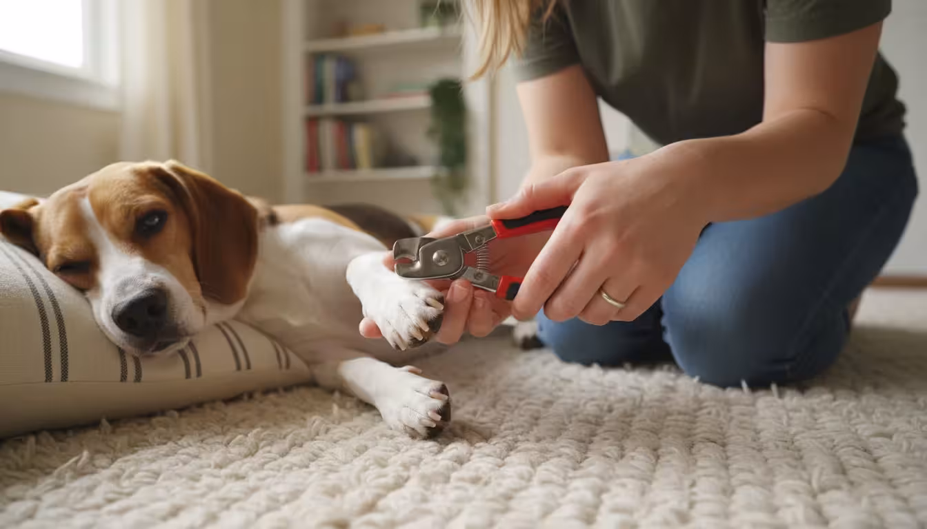 A person gently holds a dog's paw with slightly long nails, while holding a guillotine-style nail clipper near one nail, preparing to trim.