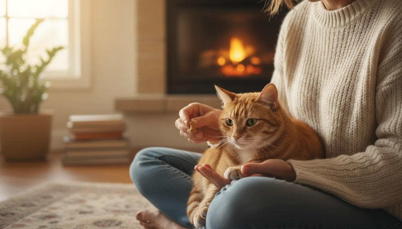 A person gently holds an orange tabby cat's paw, offering a treat, with nail clippers resting nearby on the floor.