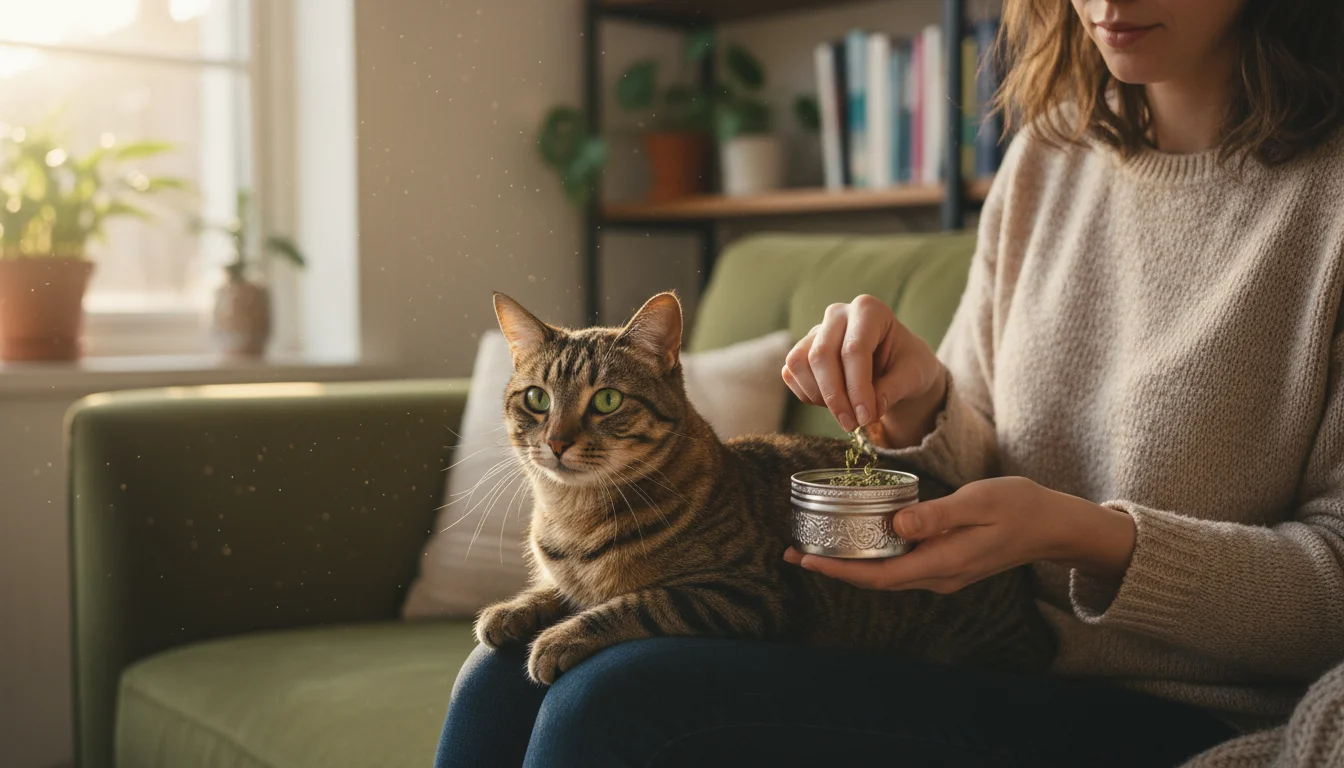 A person gently holds a small pet toothbrush with toothpaste near a tabby cat's mouth, as the cat sits calmly on their lap.