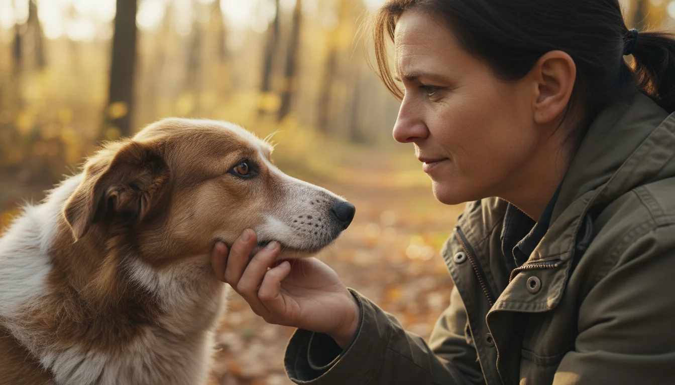 A person gently holds their dog's muzzle, looking into its eyes with a thoughtful, slightly concerned expression in a living room.