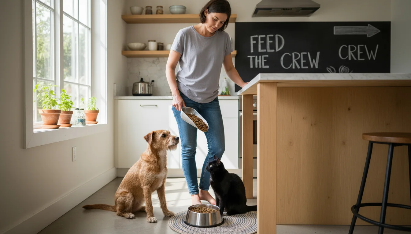 A person in a home kitchen thoughtfully preparing food for their dog and cat, with large pet food bags on the counter.