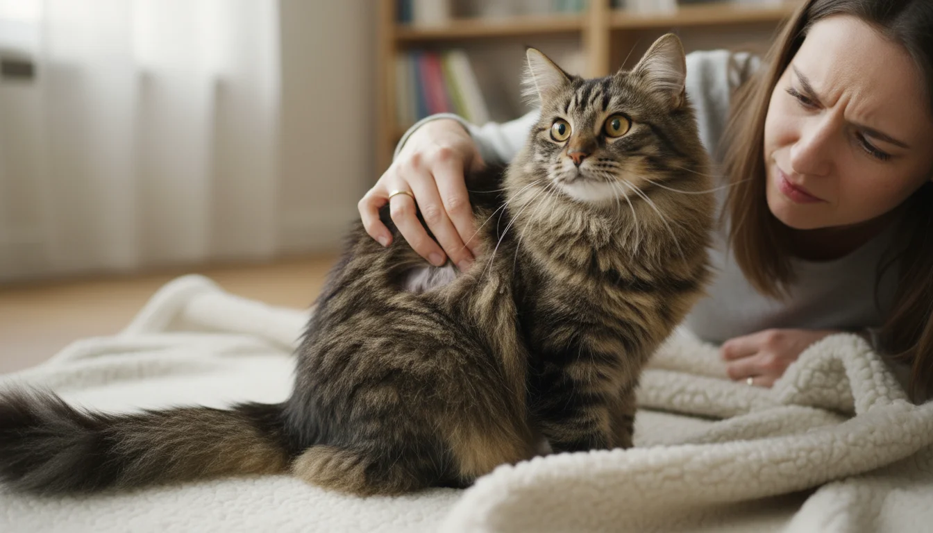 A person gently inspects a matted and dull patch of fur on a long-haired tabby cat's hind leg.