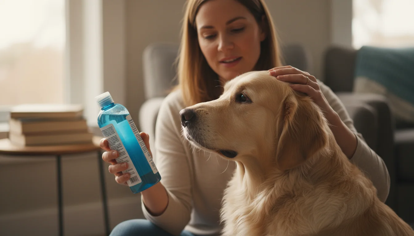 A person intently reads the ingredient list on a dog shampoo bottle, their hand gently resting on a golden retriever's head.