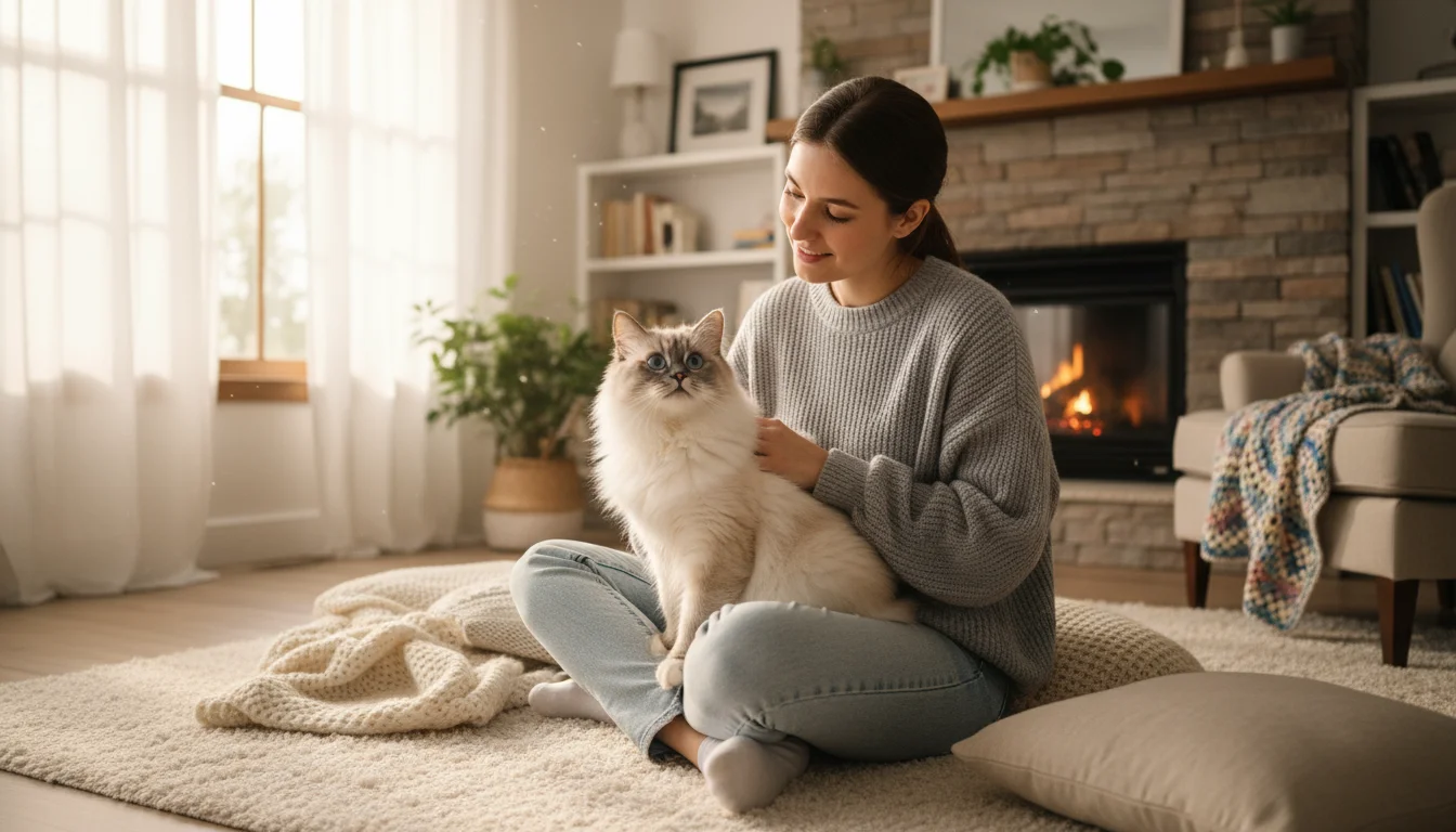 A person with kind eyes sits on a rug, gently petting a fluffy cream Ragdoll cat on their lap. The cat looks up with curious blue eyes.