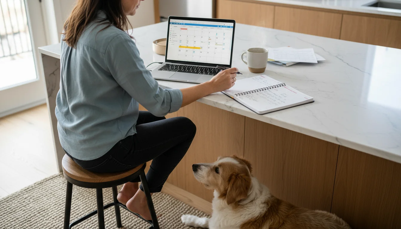 A person at a kitchen island reviews a digital calendar on a laptop and a physical planner, with their dog patiently resting near their feet.