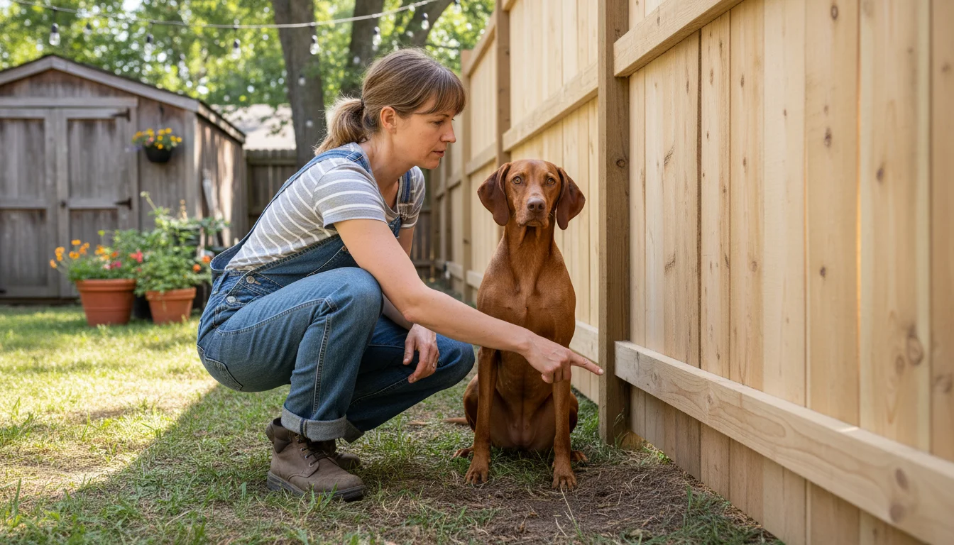 A person kneeling in a backyard points at a fence panel, with their curious dog looking up at them beside a shaded water bowl.