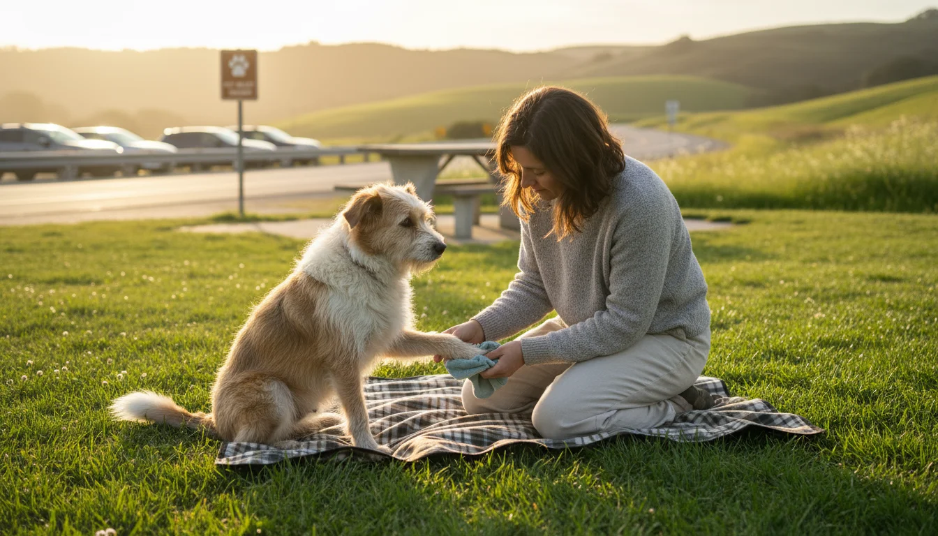 Person kneeling on a blanket, wiping a scruffy mixed-breed dog's paws with a towel at a grassy rest stop. A water bowl and car are in the background.