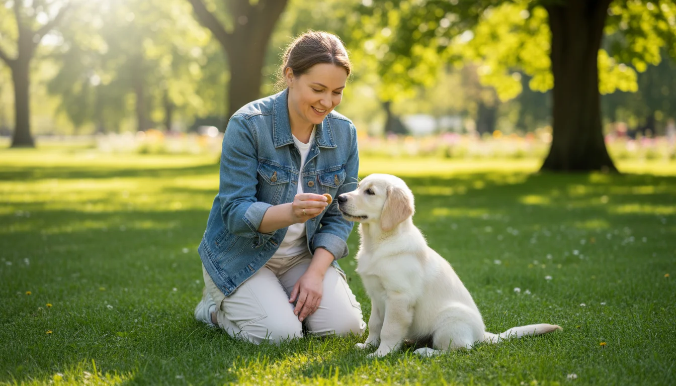A person kneeling on vibrant green grass in a sunny park offers a small treat to a happy, sitting Golden Retriever puppy.