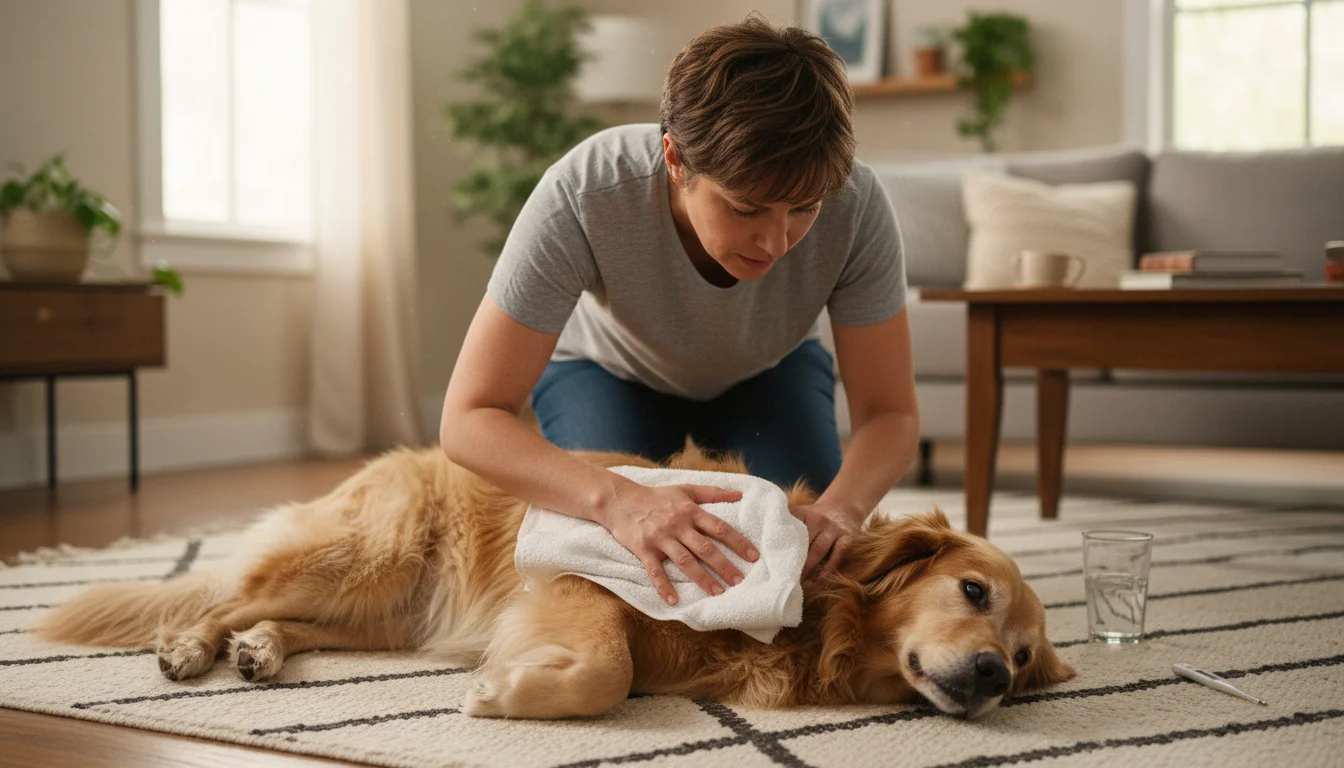 A person kneels, applying a cool, damp towel to a light-colored dog's chest and neck, while gently supporting them during a first aid situation indoor