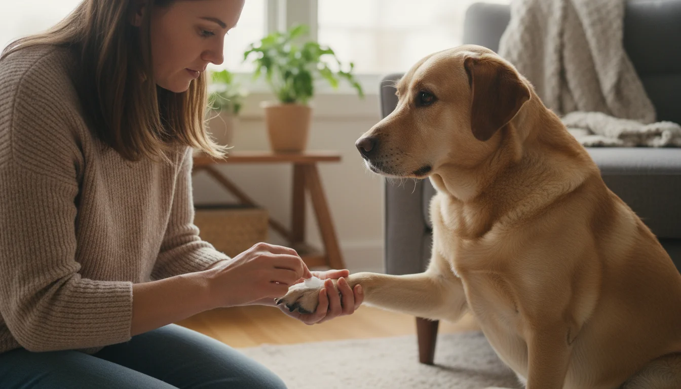 A person kneels, carefully applying styptic powder to a golden-colored dog's nail, holding its paw gently. The dog looks away.