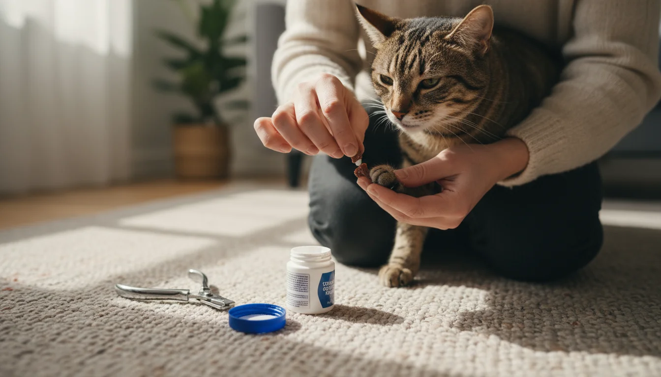 A person kneels, gently applying styptic powder to a short-haired cat's claw while offering a treat. Grooming tools are nearby.