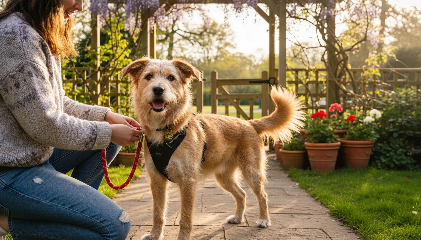 A person kneels, attaching a leash to a happy terrier mix's harness at a partially open wooden garden gate. A secure latch is visible.