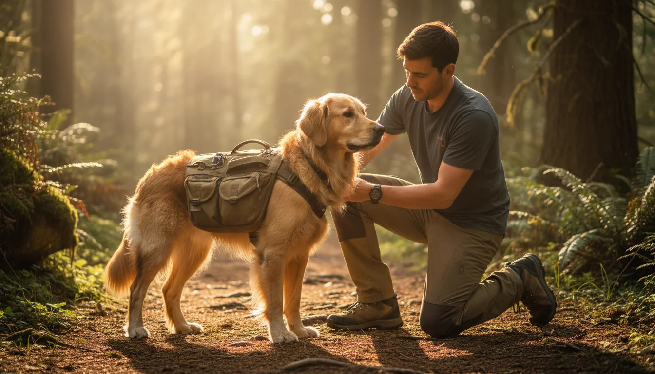 A person kneels on a forest path, gently adjusting a custom-made hiking backpack on an attentive golden retriever, ready for adventure.