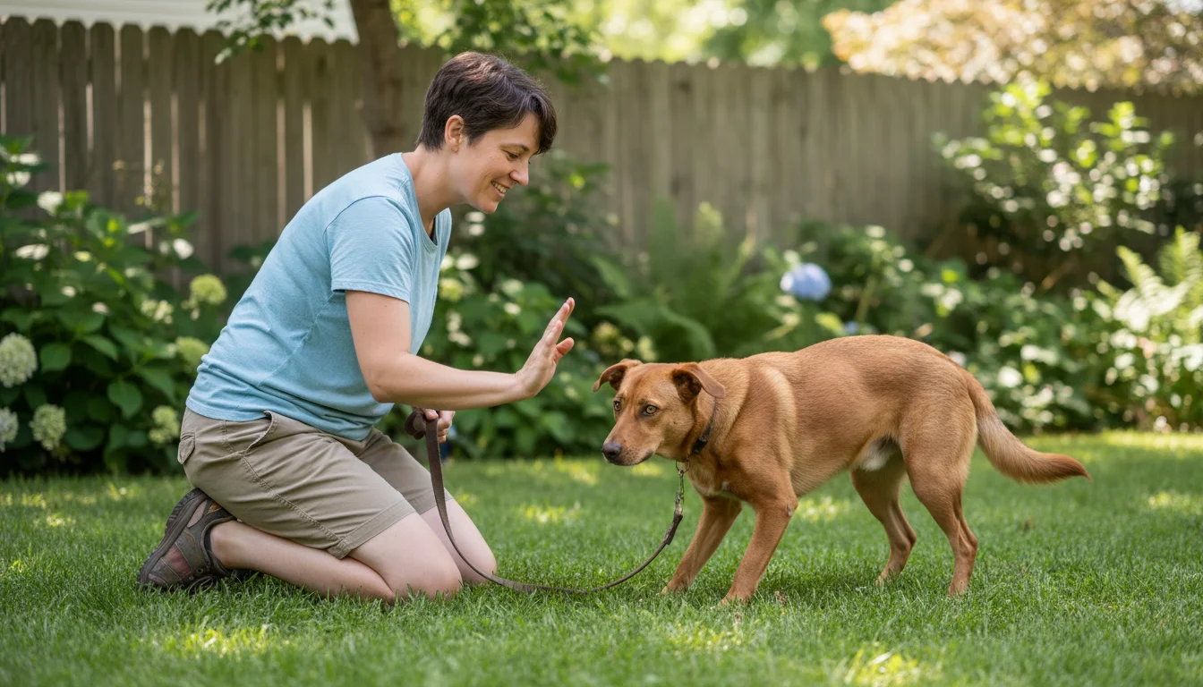 A person kneels on grass, guiding a focused mixed-breed dog into a down position in a peaceful backyard.