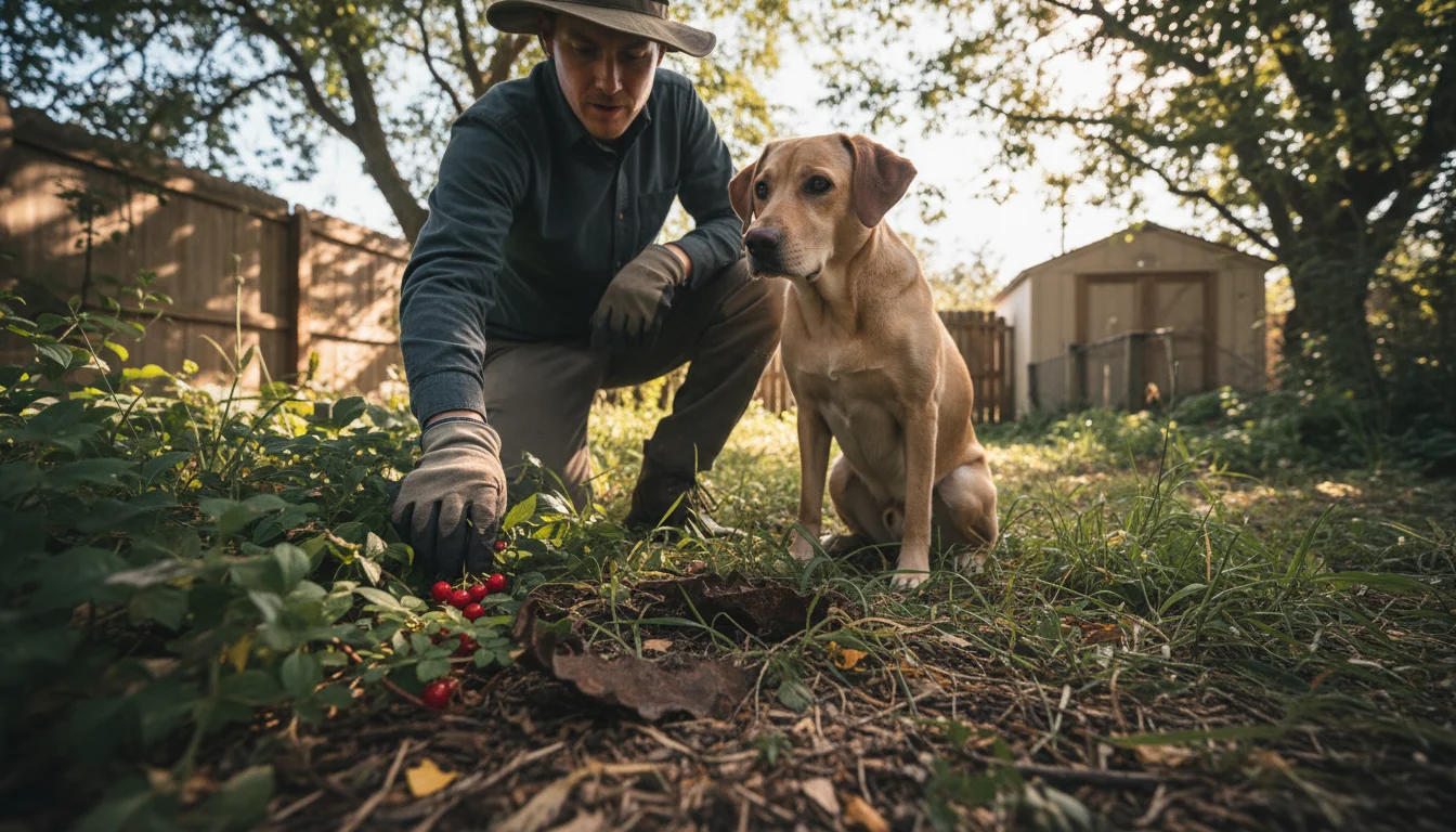 A person kneels in a grassy area, pulling aside plants to reveal red berries. A brown dog sits nearby, watching.