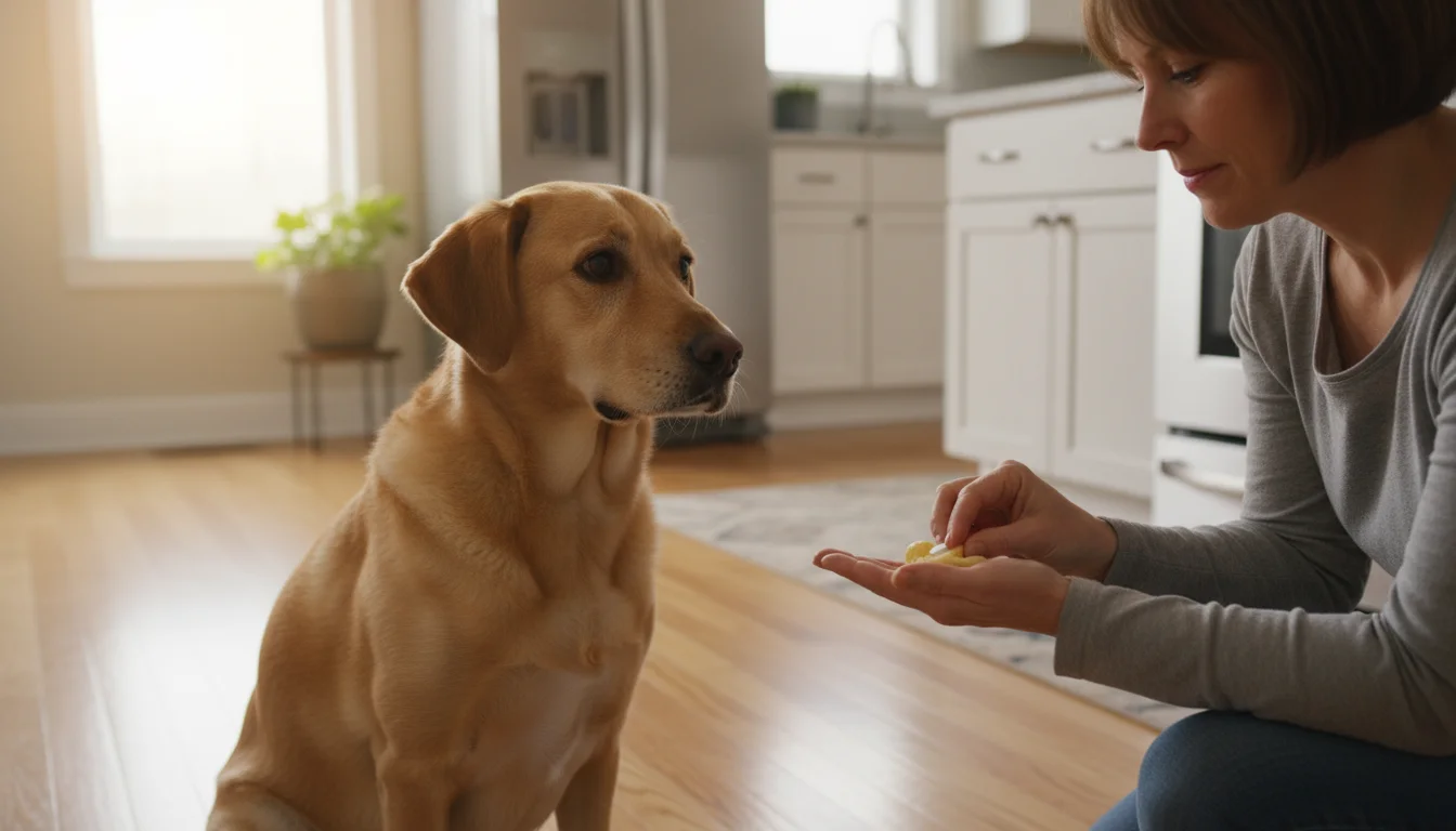 A person kneels, carefully hiding a small pill inside a soft treat in their palm, while a medium-sized dog watches with keen interest.