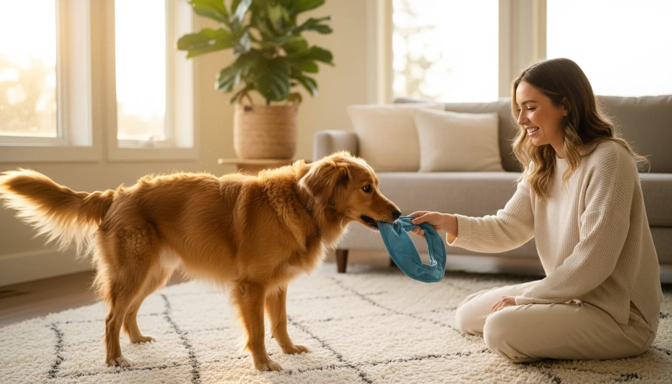A person kneels, gently interacting with a happy mixed-breed dog on a rug, a safe toy between them. A pet-proofed home is subtly visible in the backgr