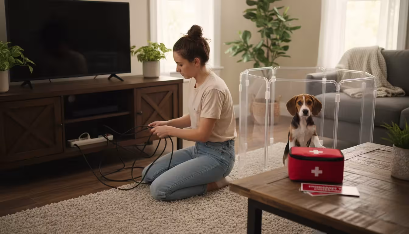 A person kneels on a living room floor, securing electrical cords. A curious beagle-mix puppy watches from a playpen. A red first-aid kit and vet cont