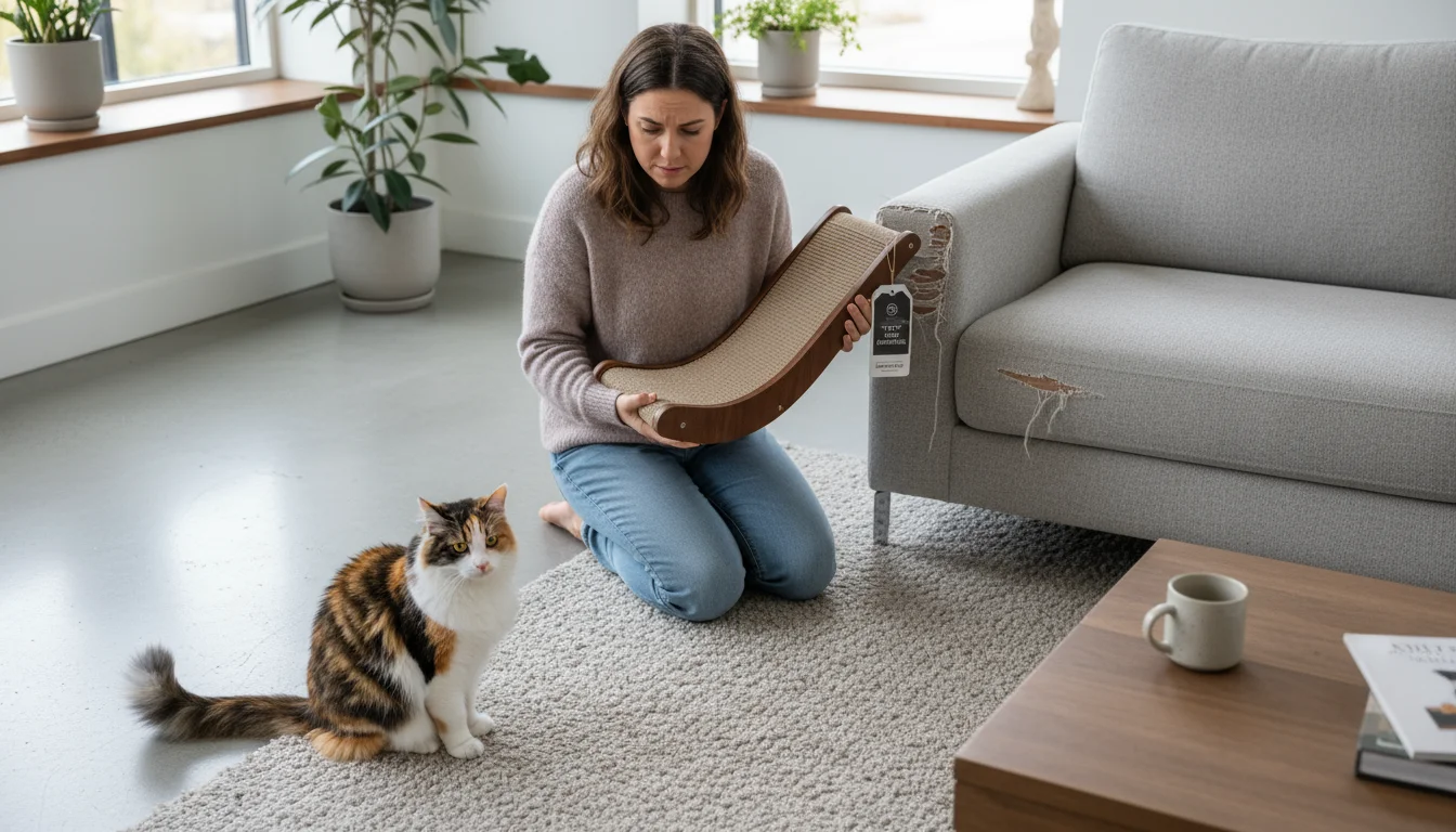 A person kneels in a living room, holding a new scratching post, looking at minor cat damage on a fabric sofa armrest. A calico cat sits nearby.
