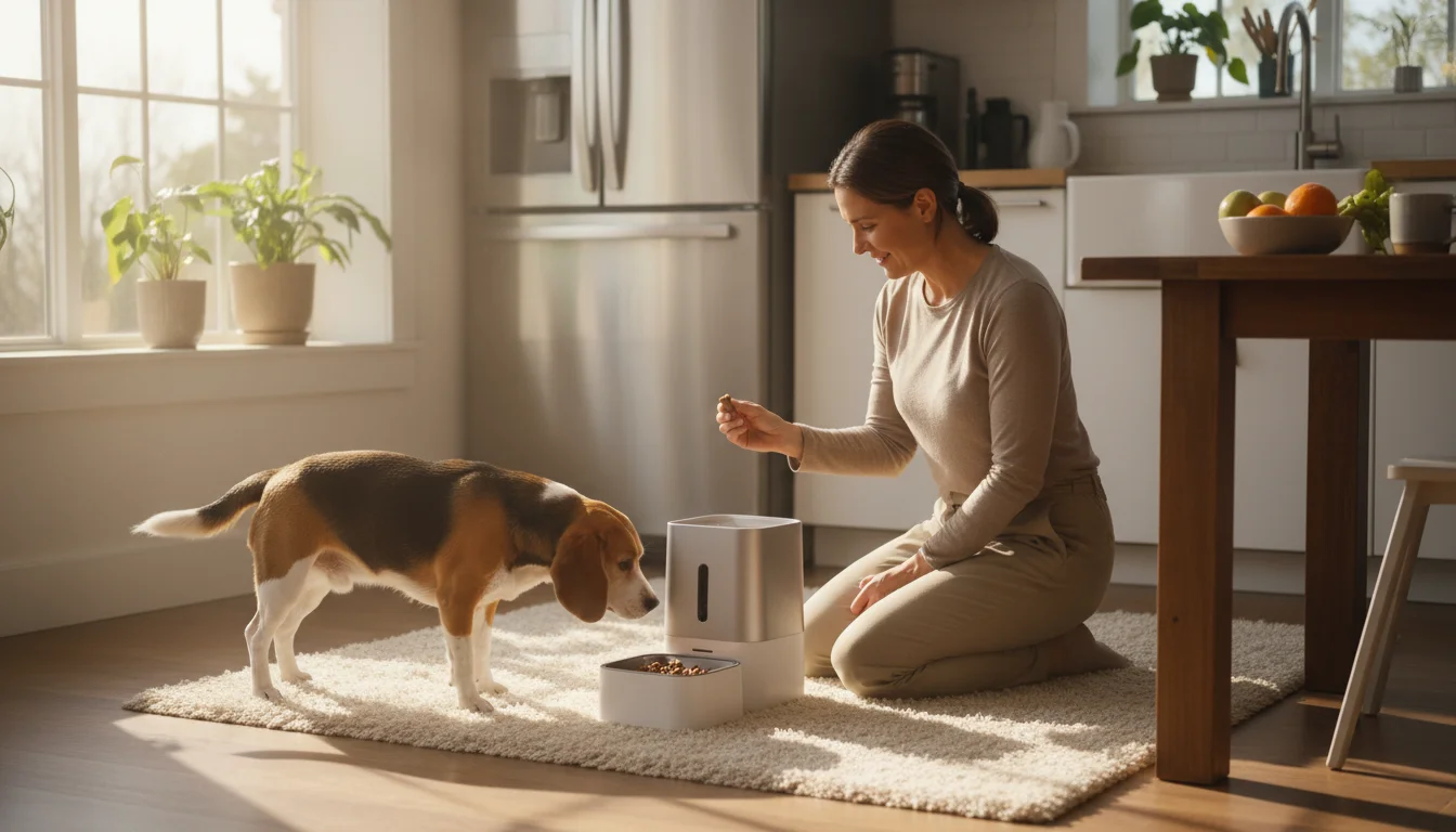 A person kneels, offering a treat to a beagle mix cautiously sniffing an automatic feeder in a sunlit kitchen.