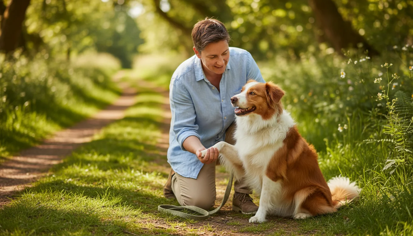 A person kneels on a park path, gently holding and examining their brown mixed-breed dog's front paw. Trees line the background.