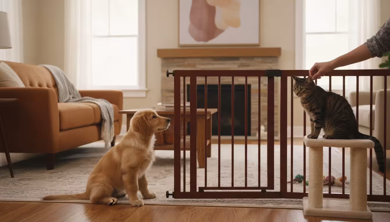 A person kneels by a pet gate separating a golden retriever puppy from a tabby cat on a cat tree in a lived-in living room.