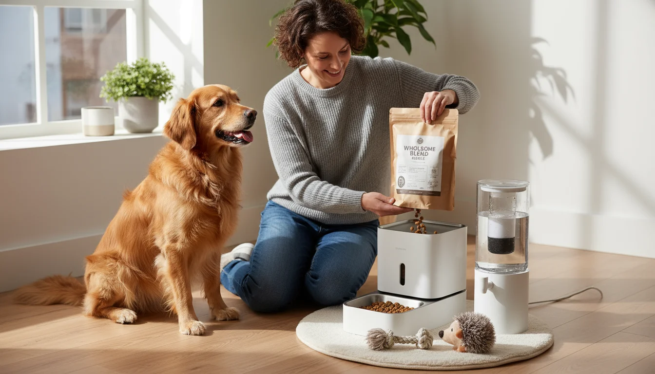 A person kneels to refill a smart automatic pet feeder, with a golden retriever mix patiently waiting beside them. A modern pet water fountain, a dog 