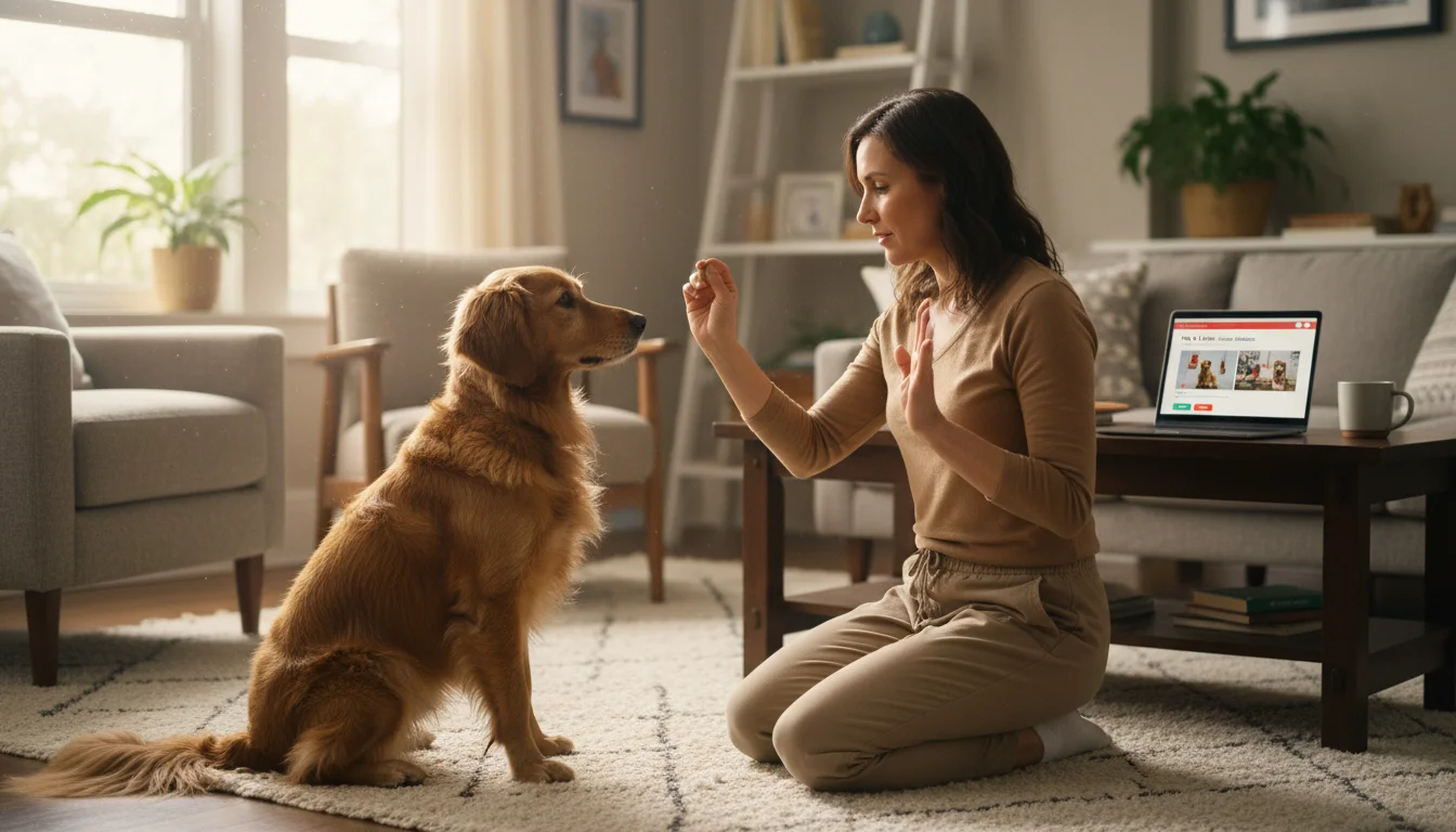 A person kneels on a rug, training a golden retriever mix. An open laptop displaying an online training course is visible on a table behind them.