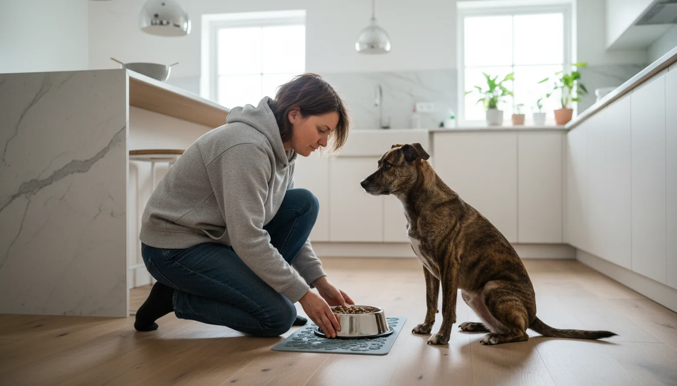 A person kneels, setting down a dog food bowl on a mat in a bright kitchen. A brindle dog sits patiently nearby.