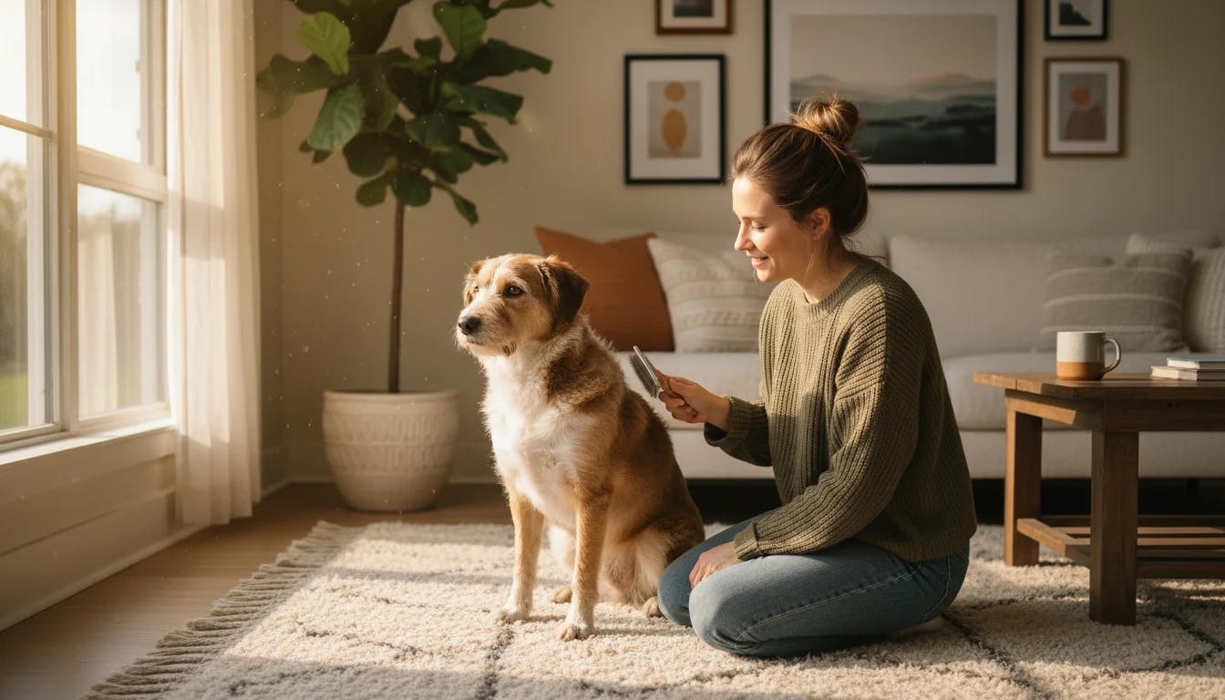 A person kneels in a sunlit living room, holding a slicker brush and looking thoughtfully at their patient, scruffy mixed-breed dog.