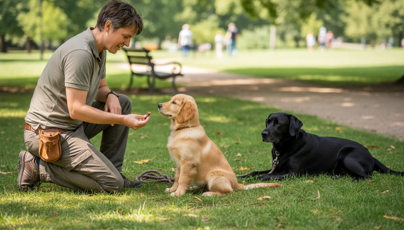 A person kneels in a sunlit park, giving a treat to a young dog performing a sit command. An older, calm dog rests a few feet away, watching.