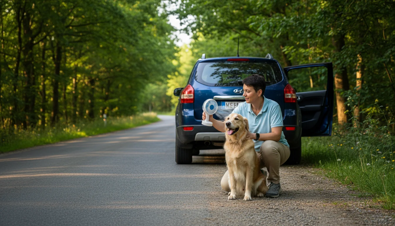 A person kneels by their SUV on a roadside, calmly using a portable fan to cool their panting dog.