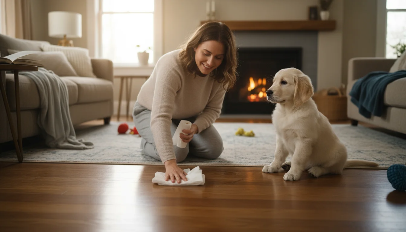A person kneels on a wooden floor, calmly cleaning a puppy accident with paper towels. A small puppy watches nearby.
