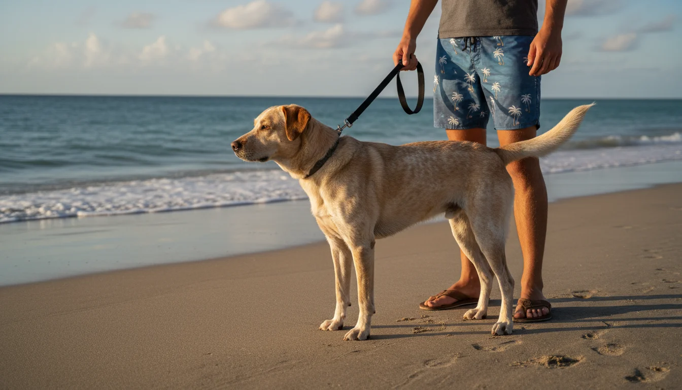 Person with a leash-held Labrador mix standing cautiously at the beach's edge, observing ocean waves.
