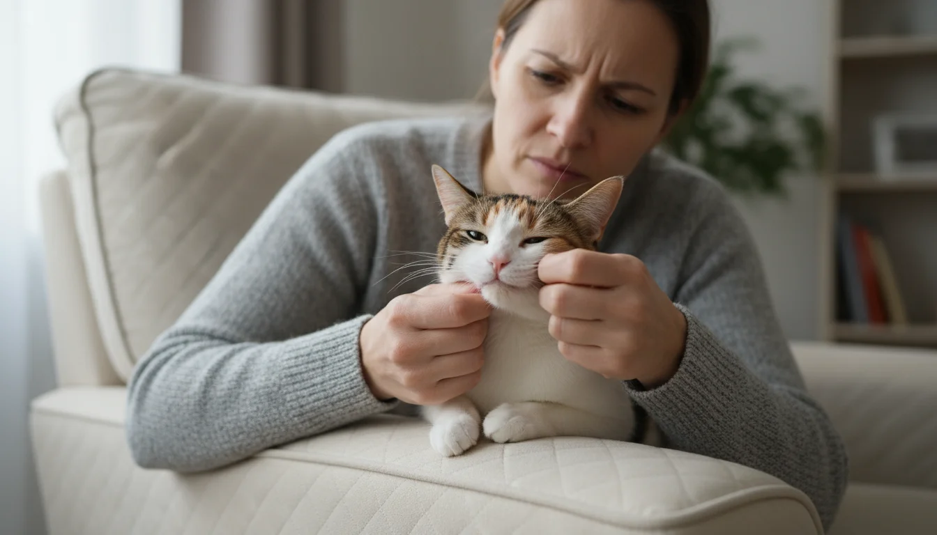 A person gently lifts a calico cat's lip to inspect its gums while the cat rests on an armchair.