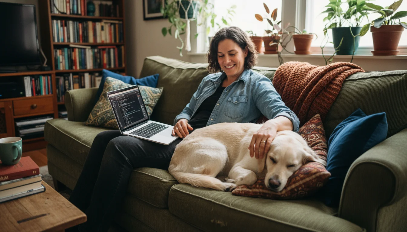 A person in a lived-in living room gently pets a medium-sized dog asleep on their lap, with a laptop open on the sofa beside them.